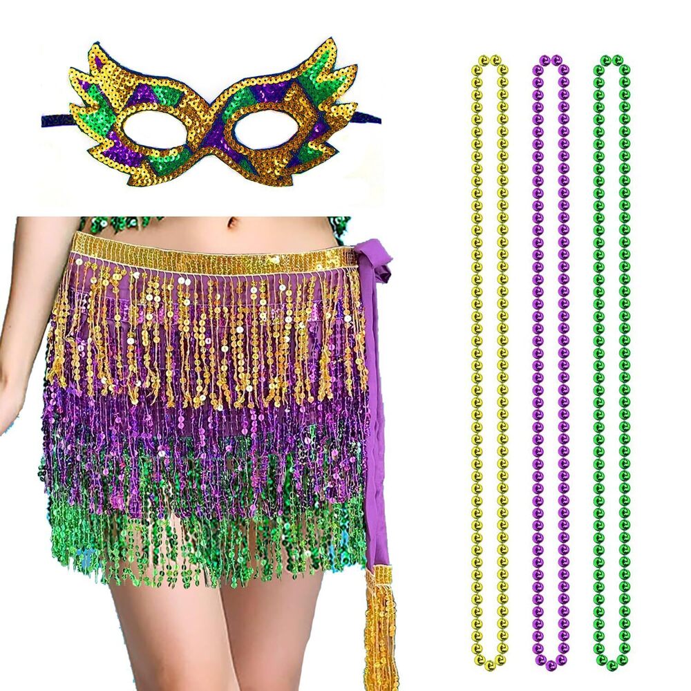 6277 Women's Mardi Gras Costume Set, Sequin Fringe Skirt Belly